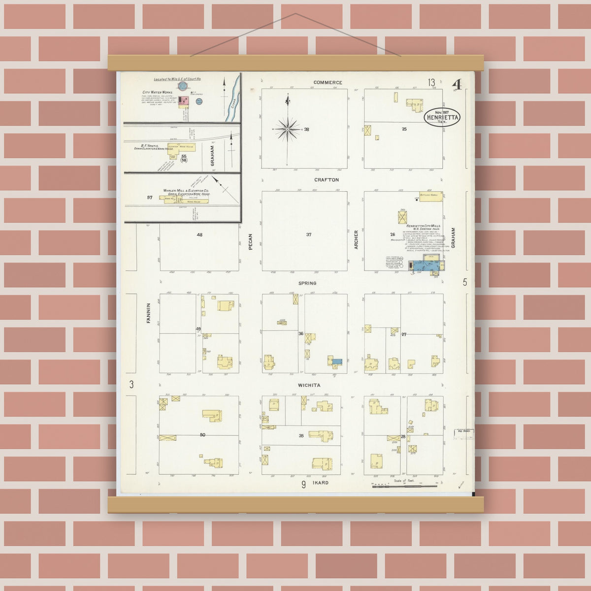 Old map wall art mockup — magnetic wood frame on brick wall — Sanborn Fire Insurance Map from Henrietta, Clay County, Texas (1907), Sheet #0004