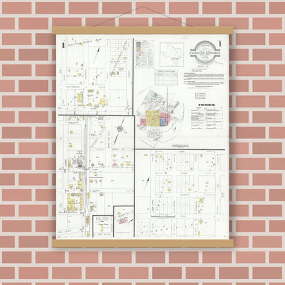 Old map wall art mockup — magnetic wood frame on brick wall — Sanborn Fire Insurance Map from Carrizo Springs, Dimmit County, Texas (1933) - Complete Map Set