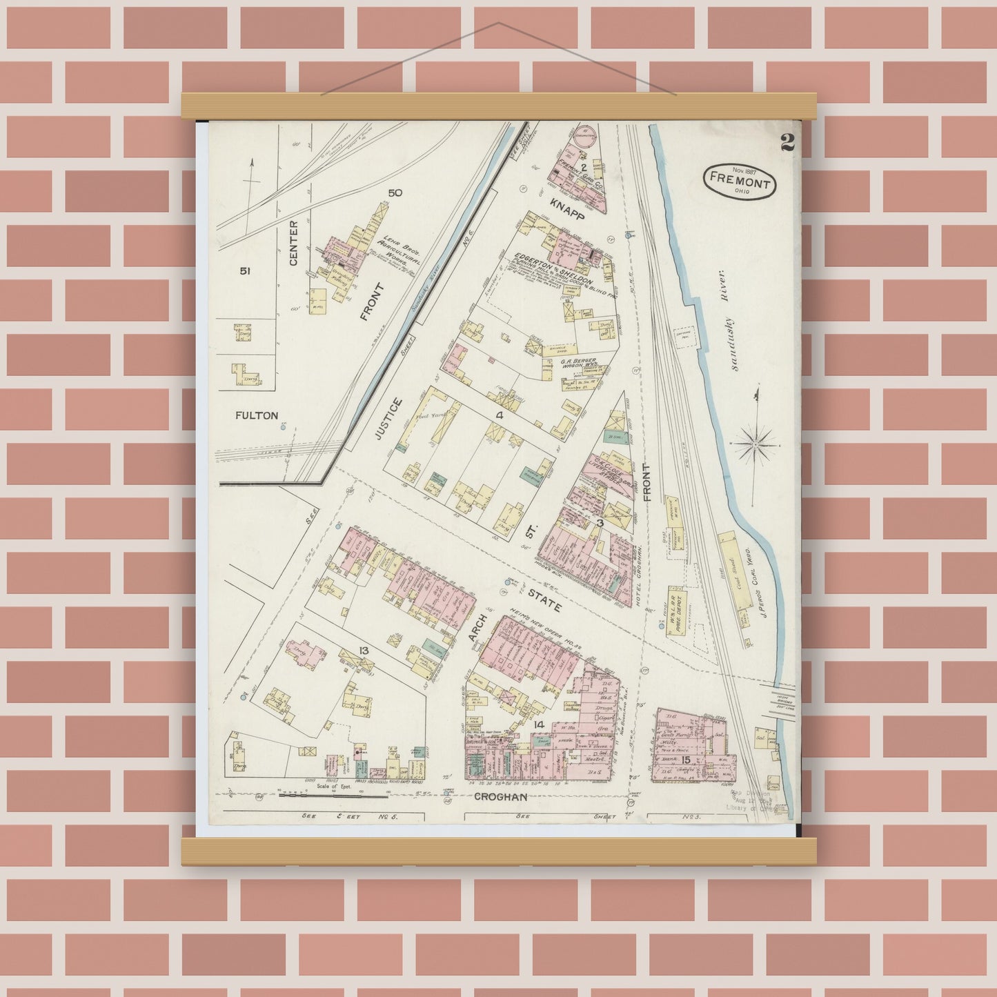 Old map wall art mockup — magnetic wood frame on brick wall — Sanborn Fire Insurance Map from Fremont, Sandusky County, Ohio (1887), Sheet #0002
