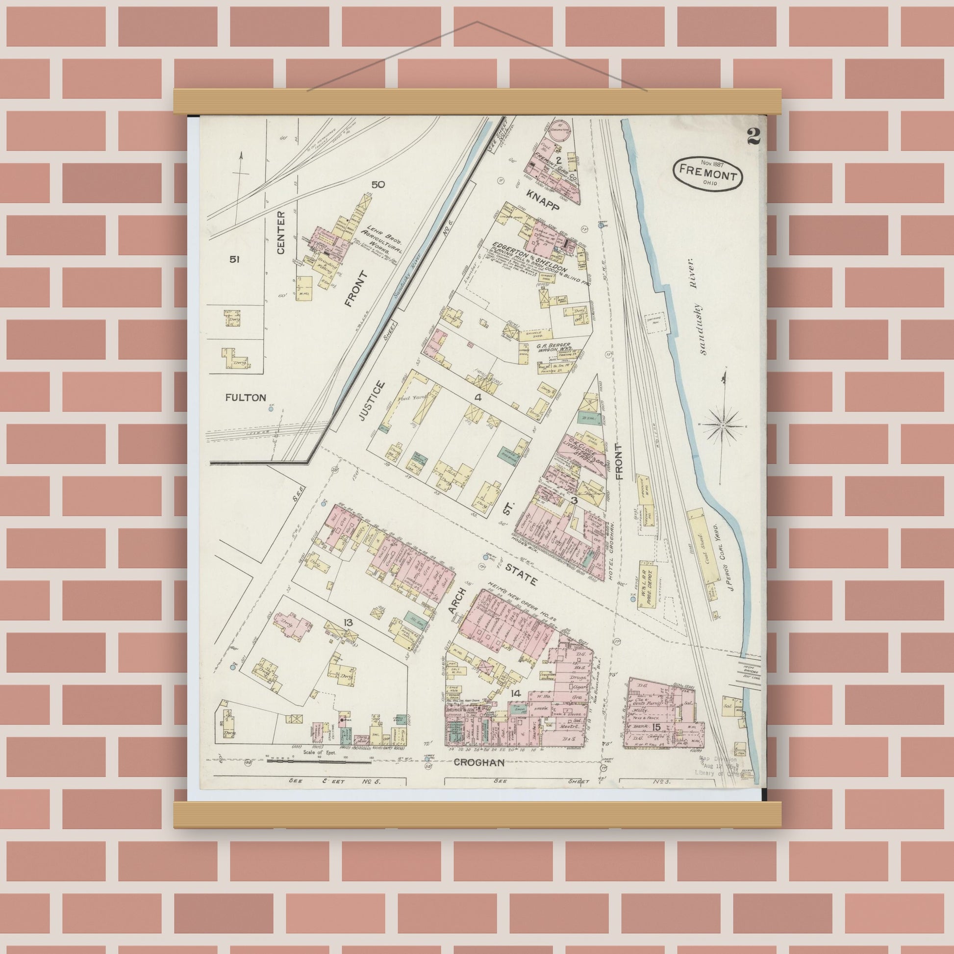 Old map wall art mockup — magnetic wood frame on brick wall — Sanborn Fire Insurance Map from Fremont, Sandusky County, Ohio (1887), Sheet #0002