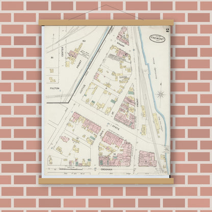 Old map wall art mockup — magnetic wood frame on brick wall — Sanborn Fire Insurance Map from Fremont, Sandusky County, Ohio (1887), Sheet #0002