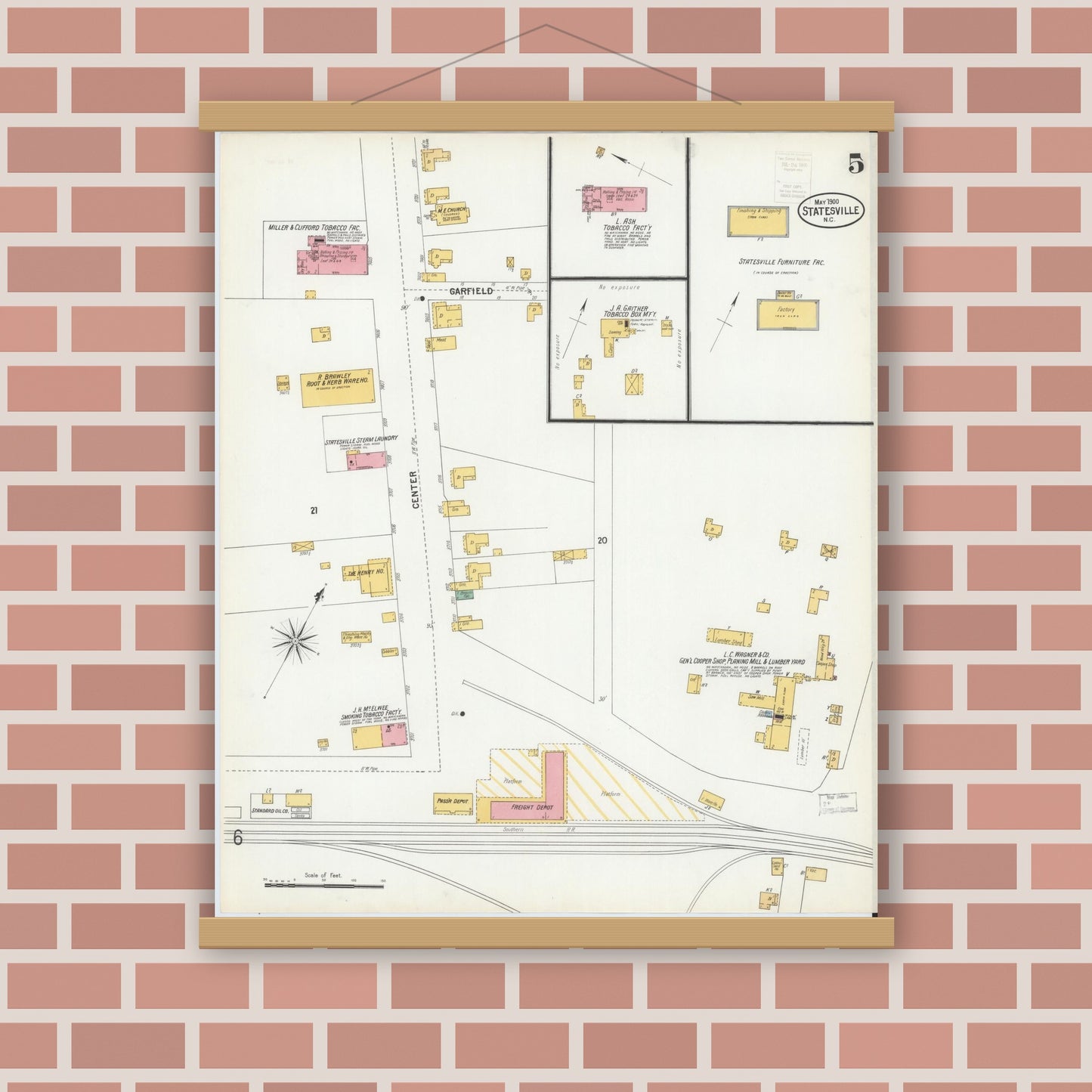 Old map wall art mockup — magnetic wood frame on brick wall — Sanborn Fire Insurance Map from Statesville, Iredell County, North Carolina (1900), Sheet #0005