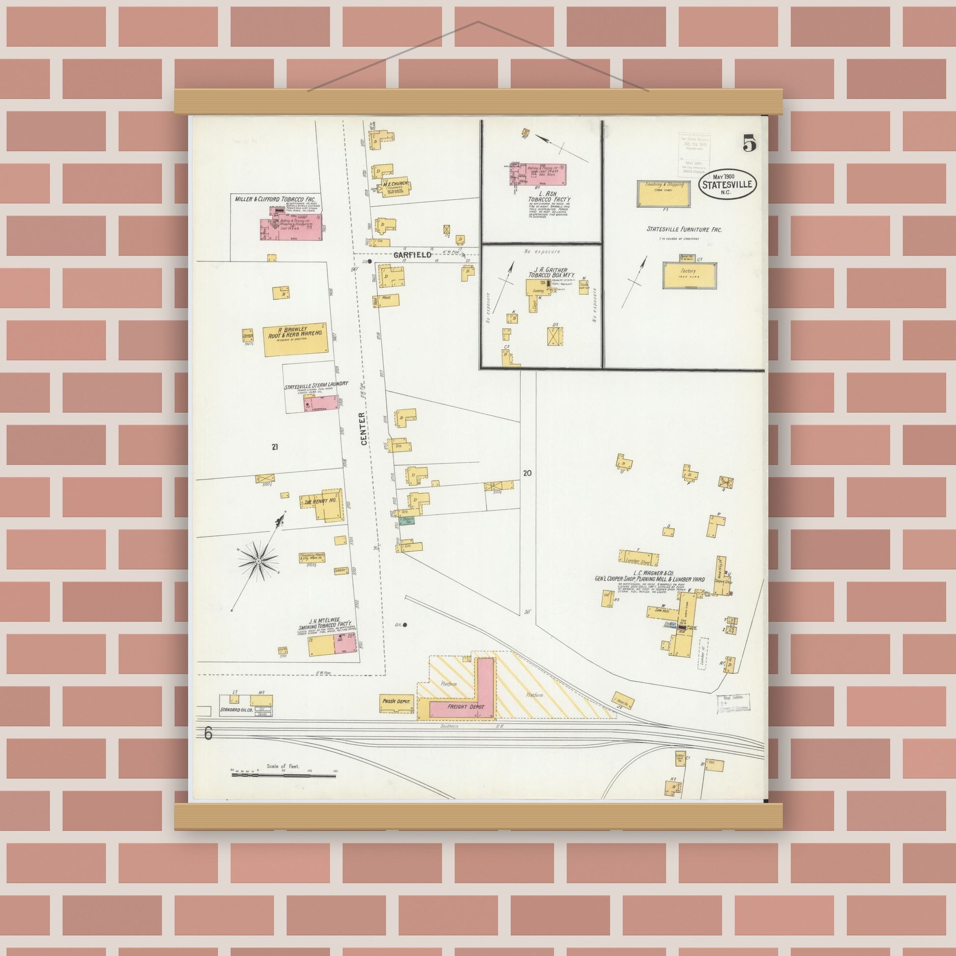 Old map wall art mockup — magnetic wood frame on brick wall — Sanborn Fire Insurance Map from Statesville, Iredell County, North Carolina (1900), Sheet #0005