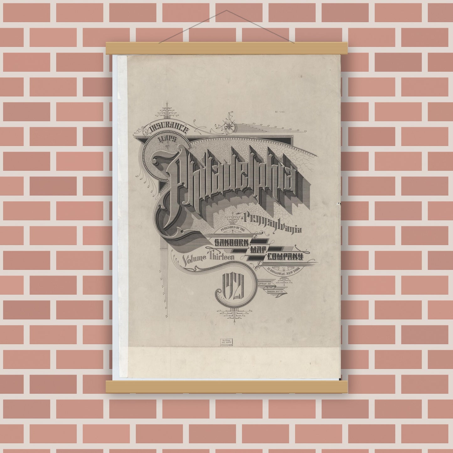 Old map wall art mockup — magnetic wood frame on brick wall — Sanborn Fire Insurance Map from Philadelphia, Philadelphia County, Pennsylvania (1921), Sheet #0001