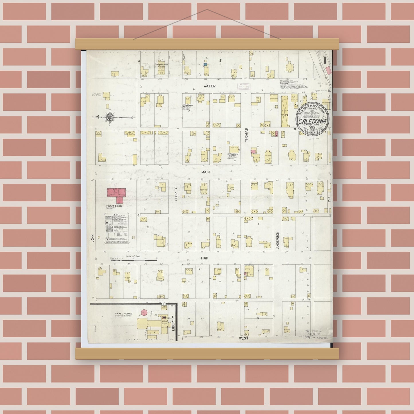 Old map wall art mockup — magnetic wood frame on brick wall — Sanborn Fire Insurance Map from Caledonia, Marion County, Ohio (1912) - Complete Map Set