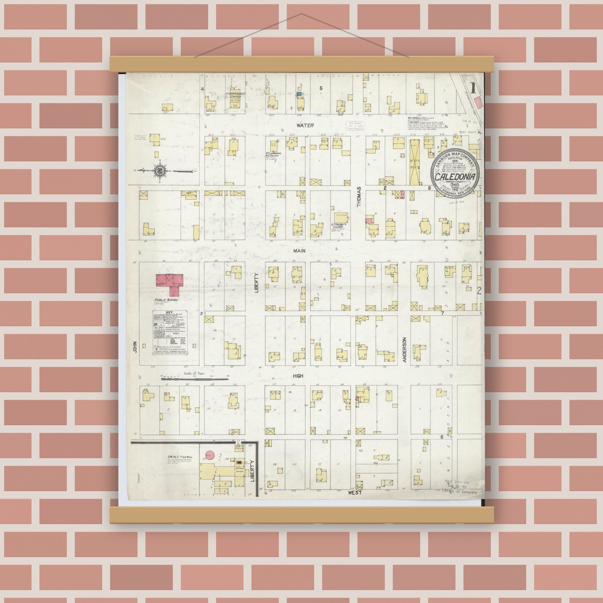Old map wall art mockup — magnetic wood frame on brick wall — Sanborn Fire Insurance Map from Caledonia, Marion County, Ohio (1912) - Complete Map Set