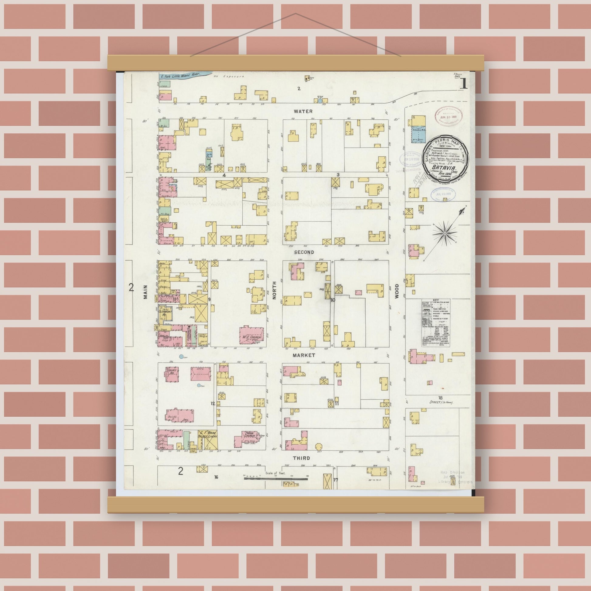 Old map wall art mockup — magnetic wood frame on brick wall — Sanborn Fire Insurance Map from Batavia, Clermont County, Ohio (1898), Sheet #0001