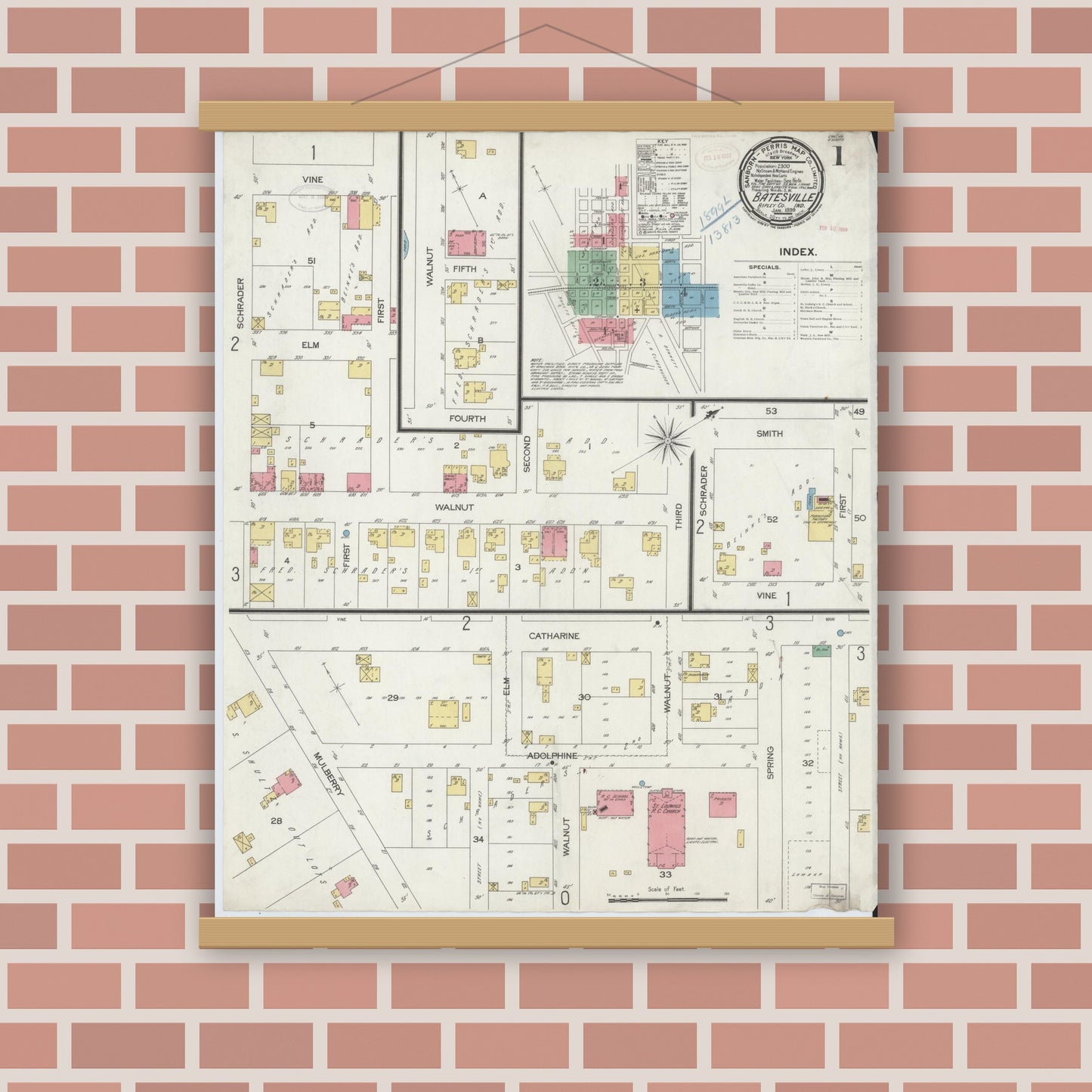 Old map wall art mockup — magnetic wood frame on brick wall — Sanborn Fire Insurance Map from Batesville, Ripley County, Indiana (1899), Sheet #0001