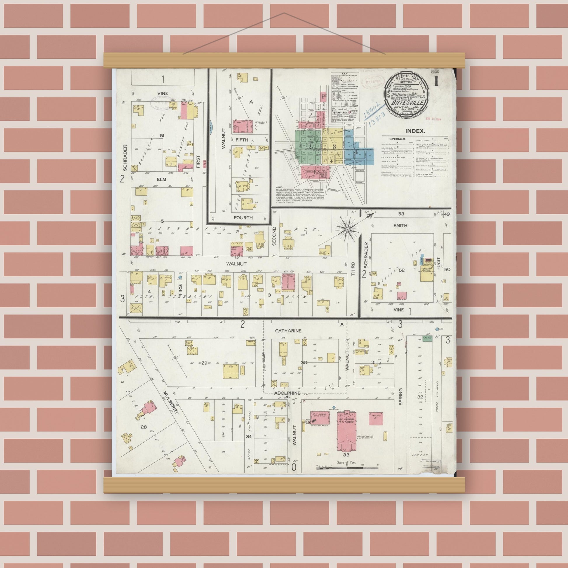 Old map wall art mockup — magnetic wood frame on brick wall — Sanborn Fire Insurance Map from Batesville, Ripley County, Indiana (1899), Sheet #0001