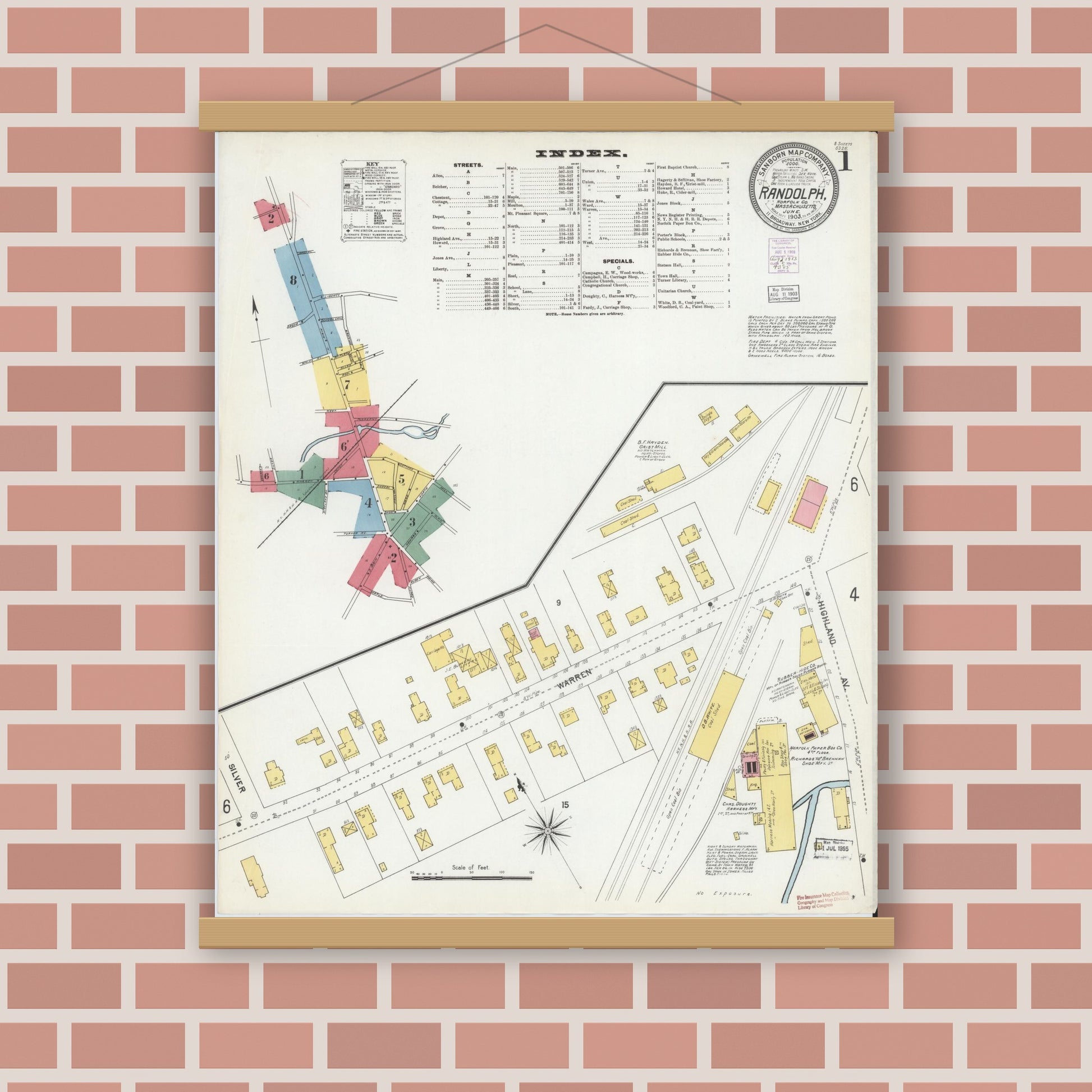 Old map wall art mockup — magnetic wood frame on brick wall — Sanborn Fire Insurance Map from Randolph, Norfolk County, Massachusetts (1903), Sheet #0001