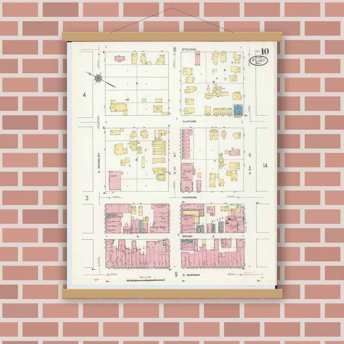 Old map wall art mockup — magnetic wood frame on brick wall — Sanborn Fire Insurance Map from Flint, Genesee County, Michigan (1909), Sheet #0010