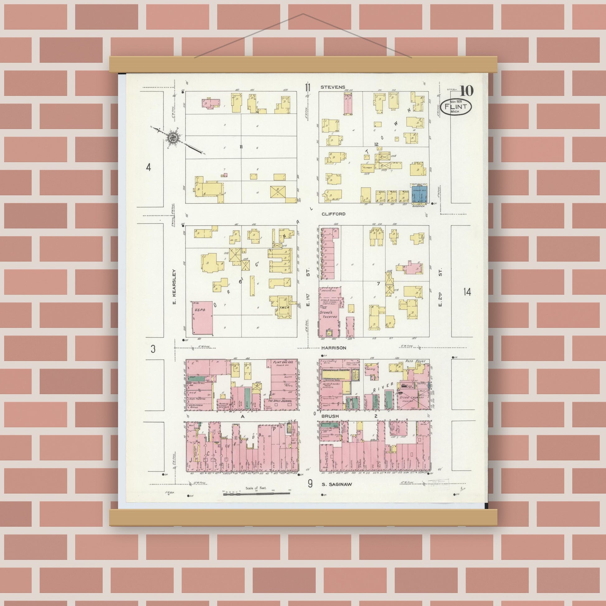 Old map wall art mockup — magnetic wood frame on brick wall — Sanborn Fire Insurance Map from Flint, Genesee County, Michigan (1909), Sheet #0010