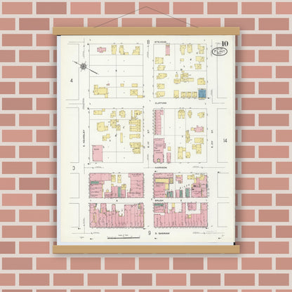 Old map wall art mockup — magnetic wood frame on brick wall — Sanborn Fire Insurance Map from Flint, Genesee County, Michigan (1909), Sheet #0010