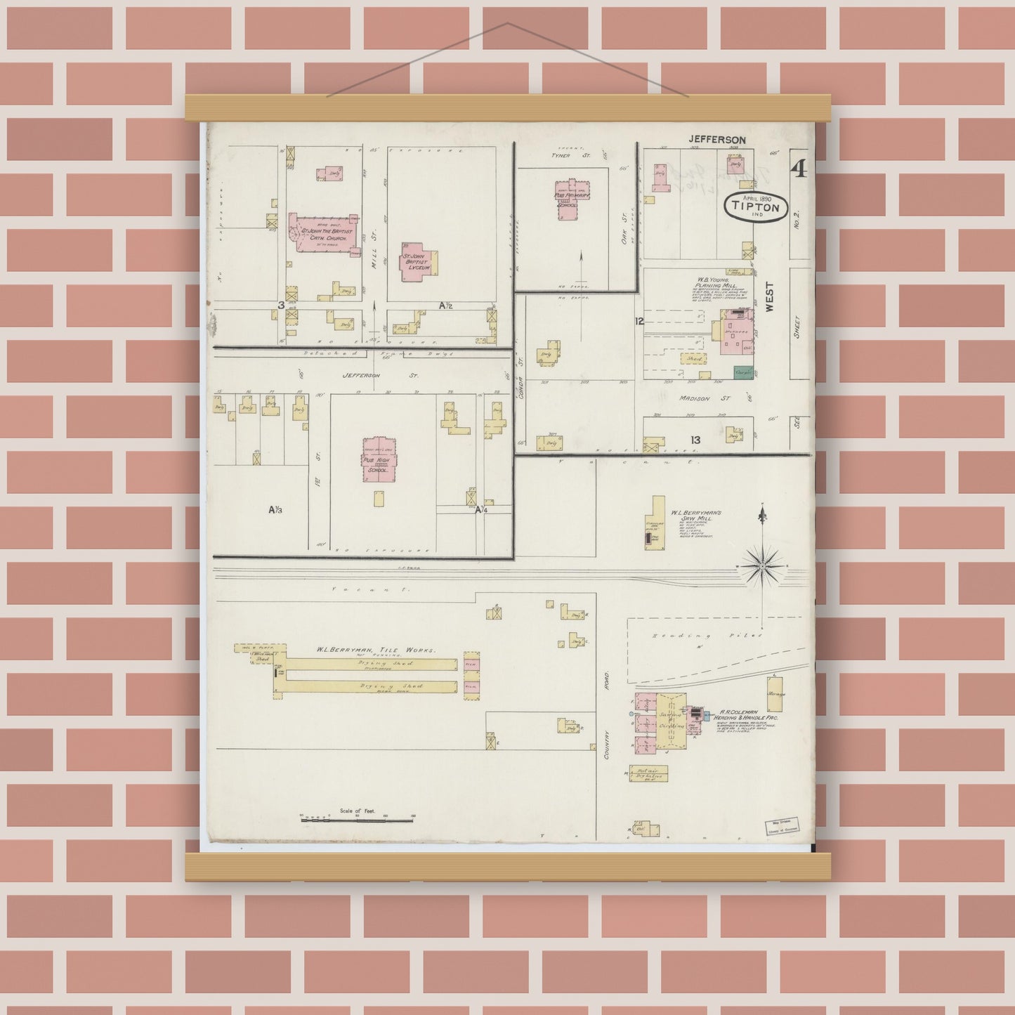 Old map wall art mockup — magnetic wood frame on brick wall — Sanborn Fire Insurance Map from Tipton, Tipton County, Indiana (1890), Sheet #0004