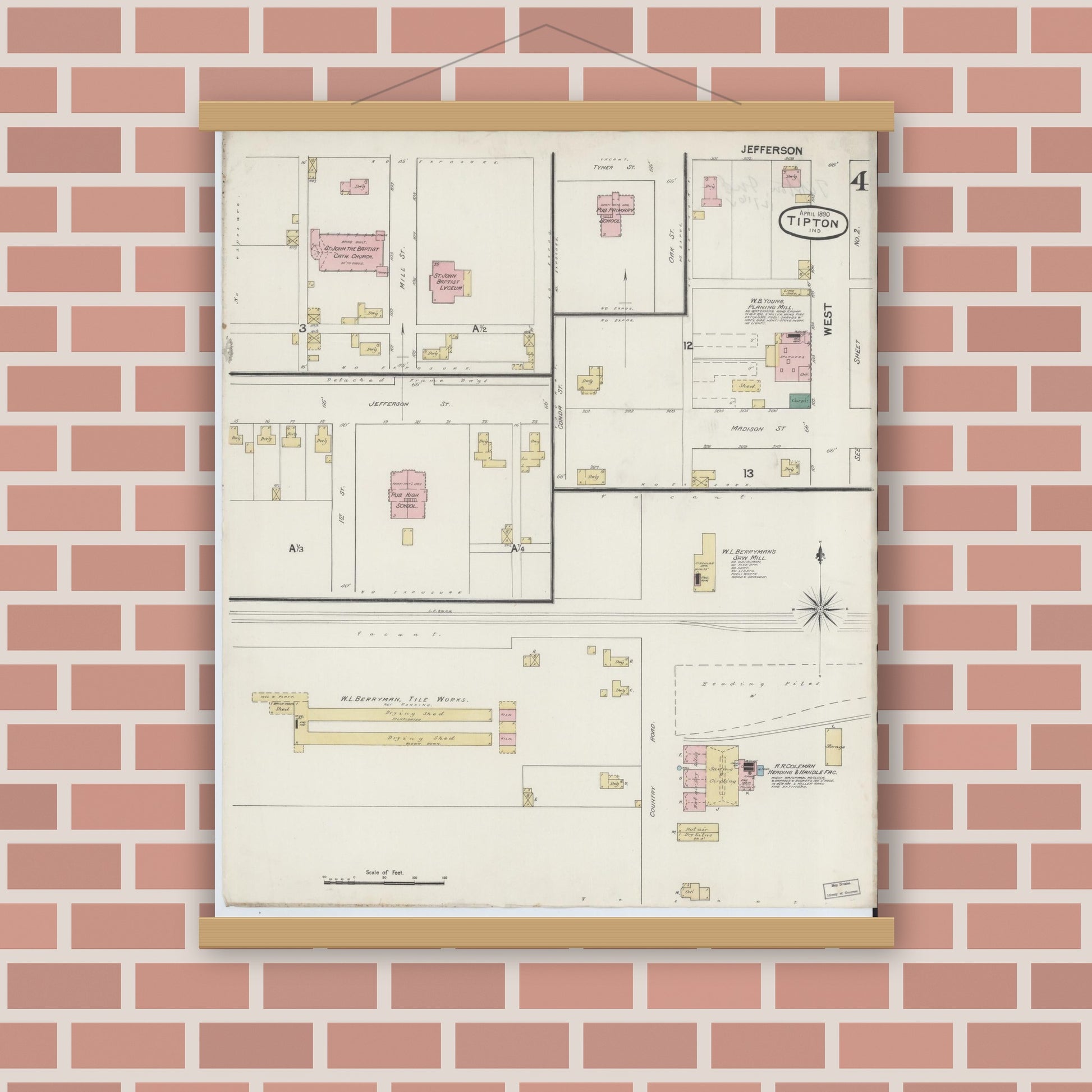 Old map wall art mockup — magnetic wood frame on brick wall — Sanborn Fire Insurance Map from Tipton, Tipton County, Indiana (1890), Sheet #0004