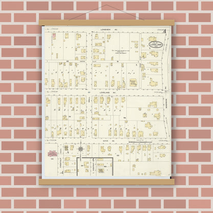 Old map wall art mockup — magnetic wood frame on brick wall — Sanborn Fire Insurance Map from Loveland, Clermont, Hamilton, And Warren County, Ohio (1911), Sheet #0004