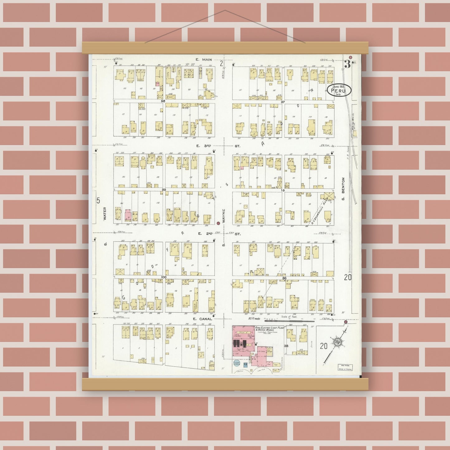Old map wall art mockup — magnetic wood frame on brick wall — Sanborn Fire Insurance Map from Peru, Miami County, Indiana (1912), Sheet #0003