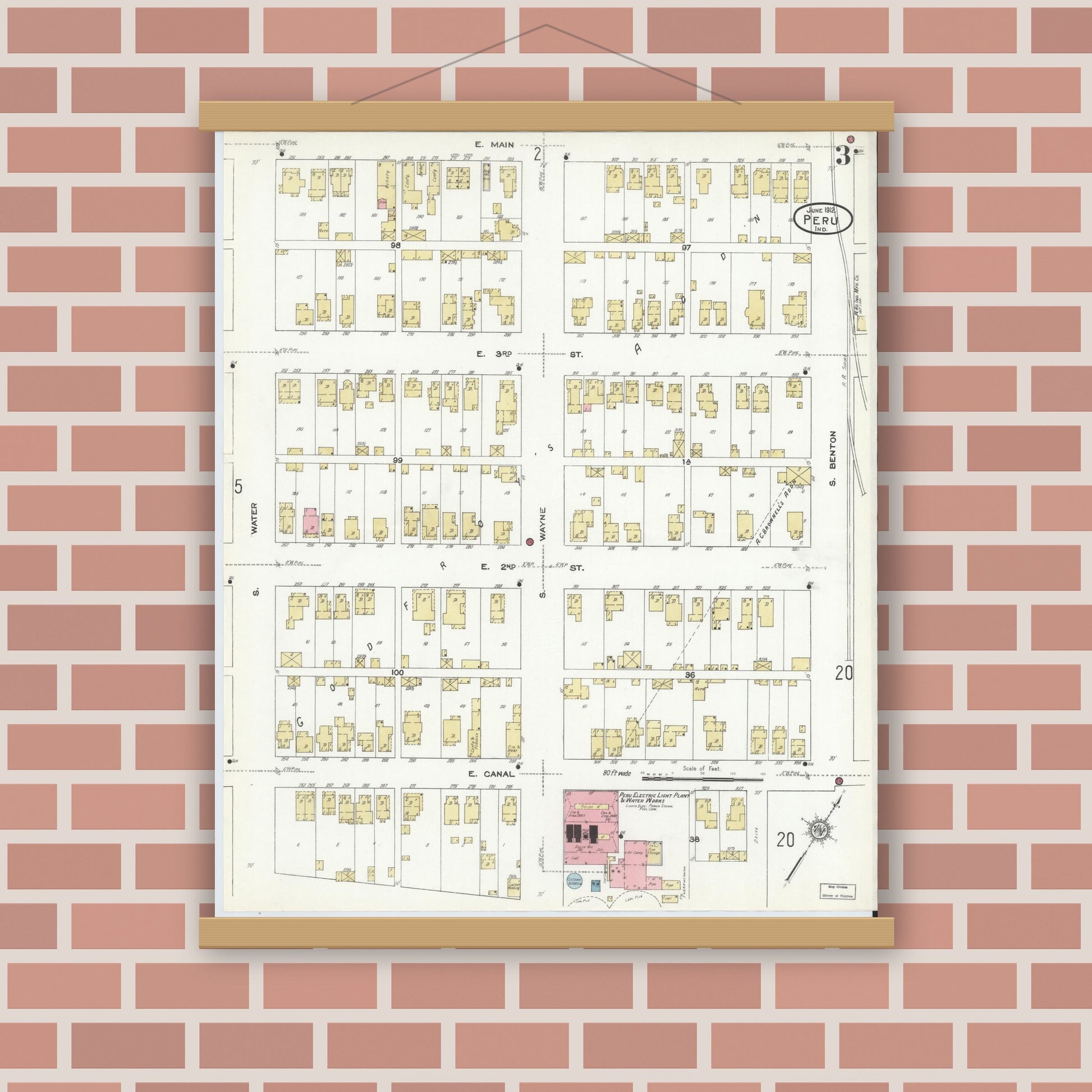 Old map wall art mockup — magnetic wood frame on brick wall — Sanborn Fire Insurance Map from Peru, Miami County, Indiana (1912), Sheet #0003