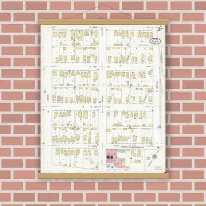 Old map wall art mockup — magnetic wood frame on brick wall — Sanborn Fire Insurance Map from Peru, Miami County, Indiana (1912), Sheet #0003