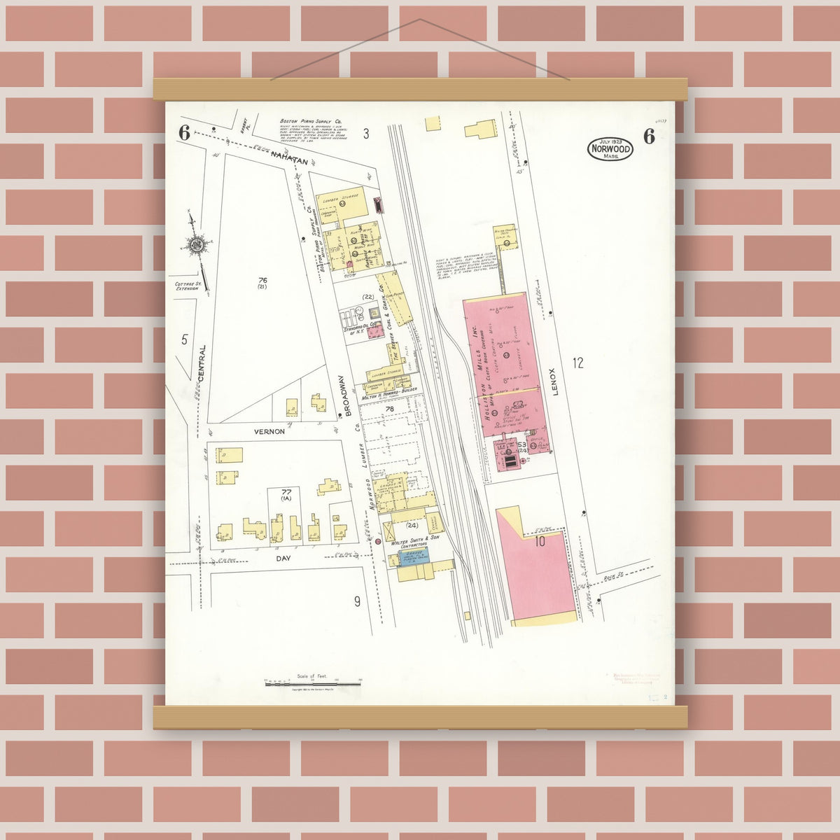 Old map wall art mockup — magnetic wood frame on brick wall — Sanborn Fire Insurance Map from Norwood, Norfolk County, Massachusetts (1923), Sheet #0006