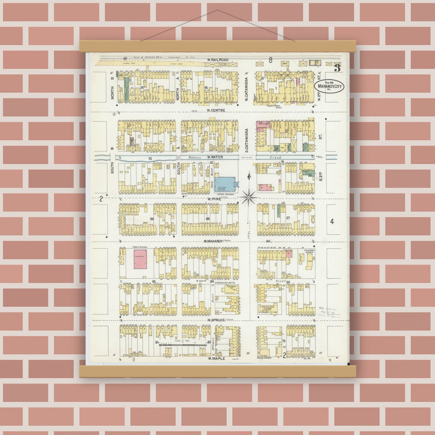 Old map wall art mockup — magnetic wood frame on brick wall — Sanborn Fire Insurance Map from Mahanoy City, Schuylkill County, Pennsylvania (1902), Sheet #0003