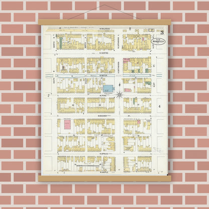 Old map wall art mockup — magnetic wood frame on brick wall — Sanborn Fire Insurance Map from Mahanoy City, Schuylkill County, Pennsylvania (1902), Sheet #0003