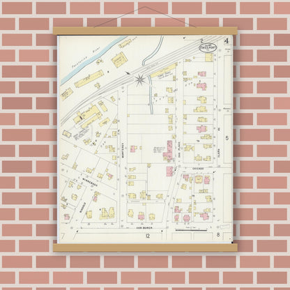 Old map wall art mockup — magnetic wood frame on brick wall — Sanborn Fire Insurance Map from Freeport, Stephenson County, Illinois (1897), Sheet #0004