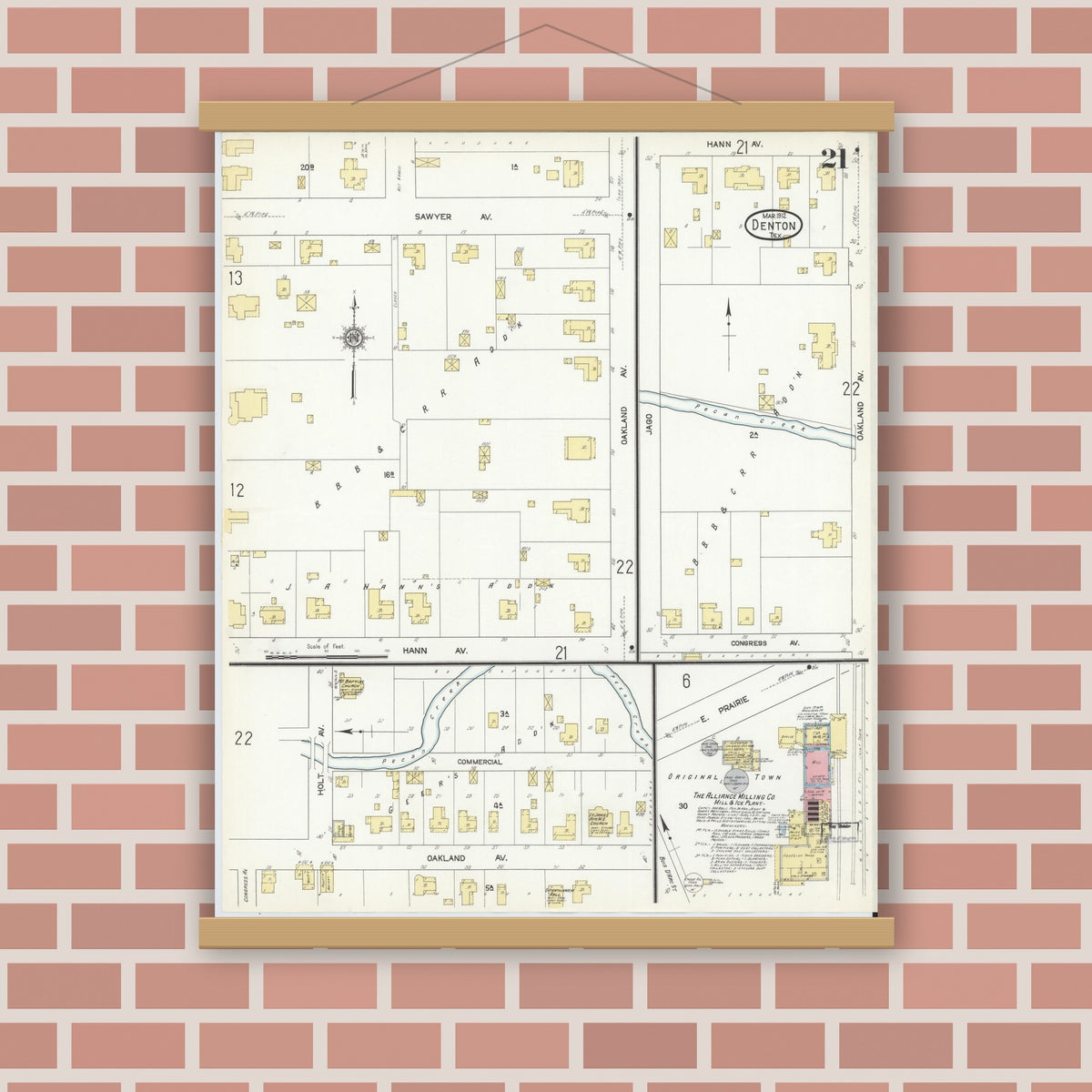 Old map wall art mockup — magnetic wood frame on brick wall — Sanborn Fire Insurance Map from Denton, Denton County, Texas (1912), Sheet #0021
