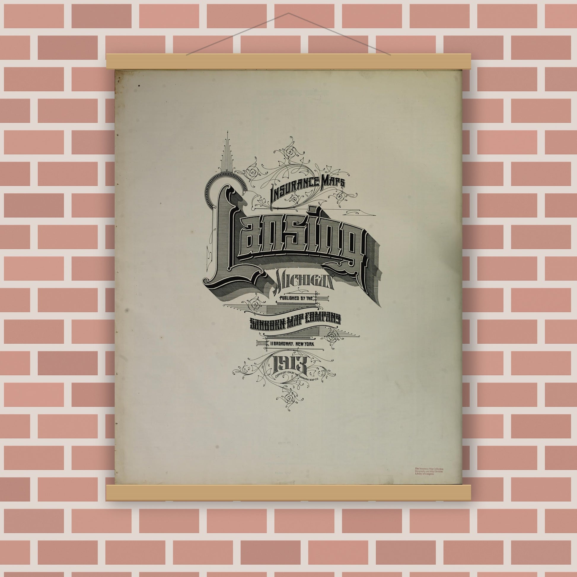 Old map wall art mockup — magnetic wood frame on brick wall — Sanborn Fire Insurance Map from Lansing, Ingham County, Michigan (1913), Sheet #0001