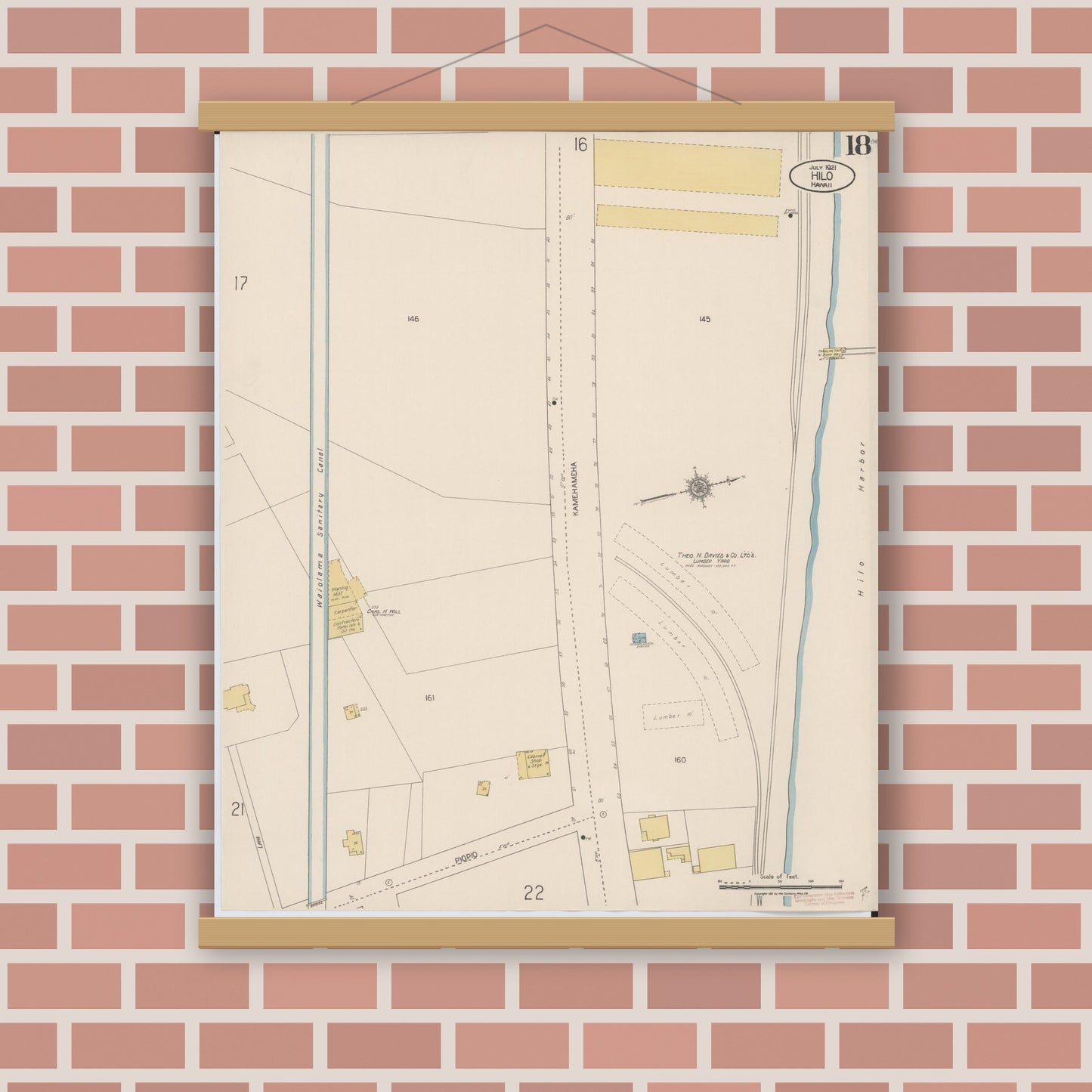 Old map wall art mockup — magnetic wood frame on brick wall — Sanborn Fire Insurance Map from Hilo, Hawaii County, Hawaii (1921), Sheet #0018