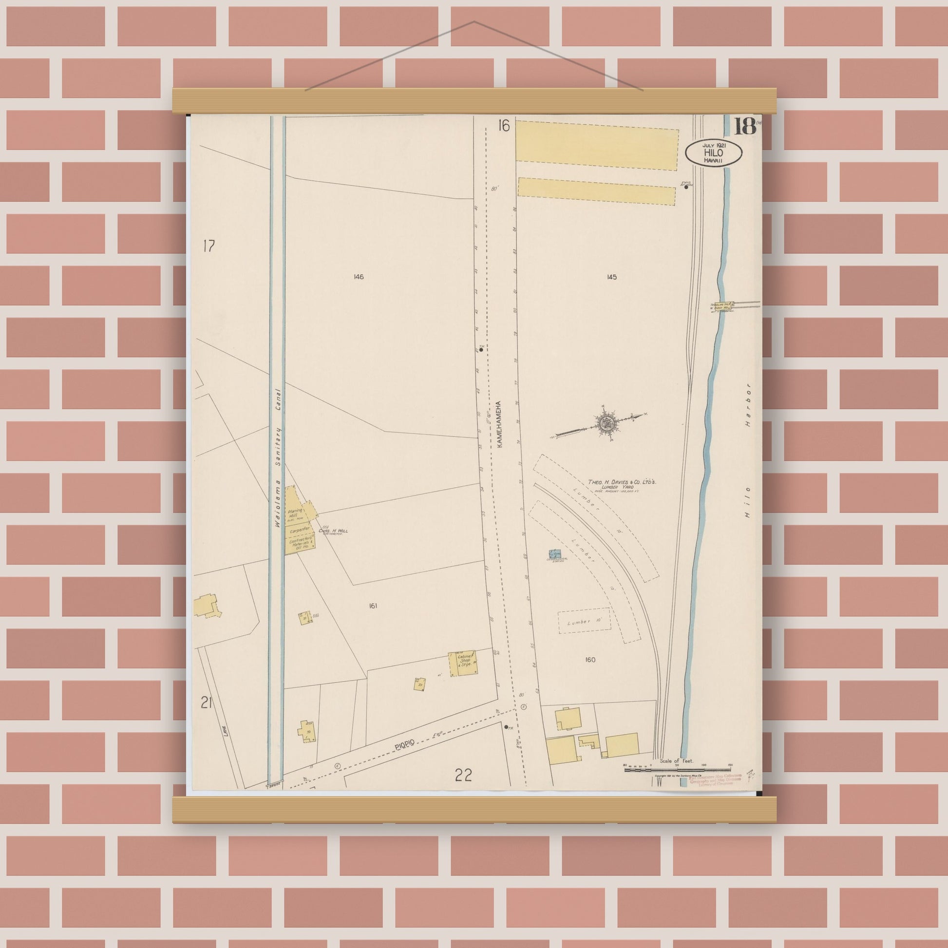 Old map wall art mockup — magnetic wood frame on brick wall — Sanborn Fire Insurance Map from Hilo, Hawaii County, Hawaii (1921), Sheet #0018
