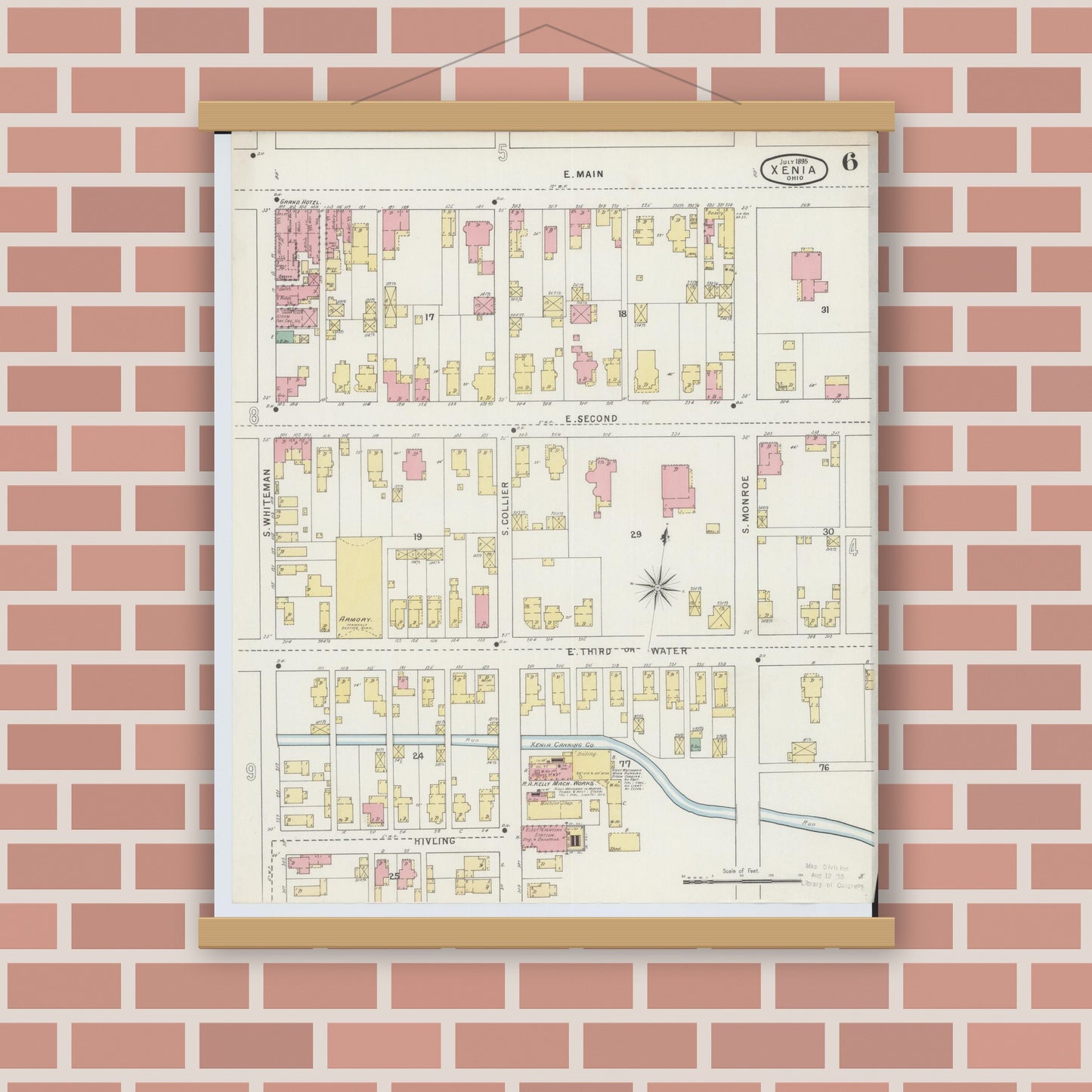 Old map wall art mockup — magnetic wood frame on brick wall — Sanborn Fire Insurance Map from Xenia, Greene County, Ohio (1895), Sheet #0006