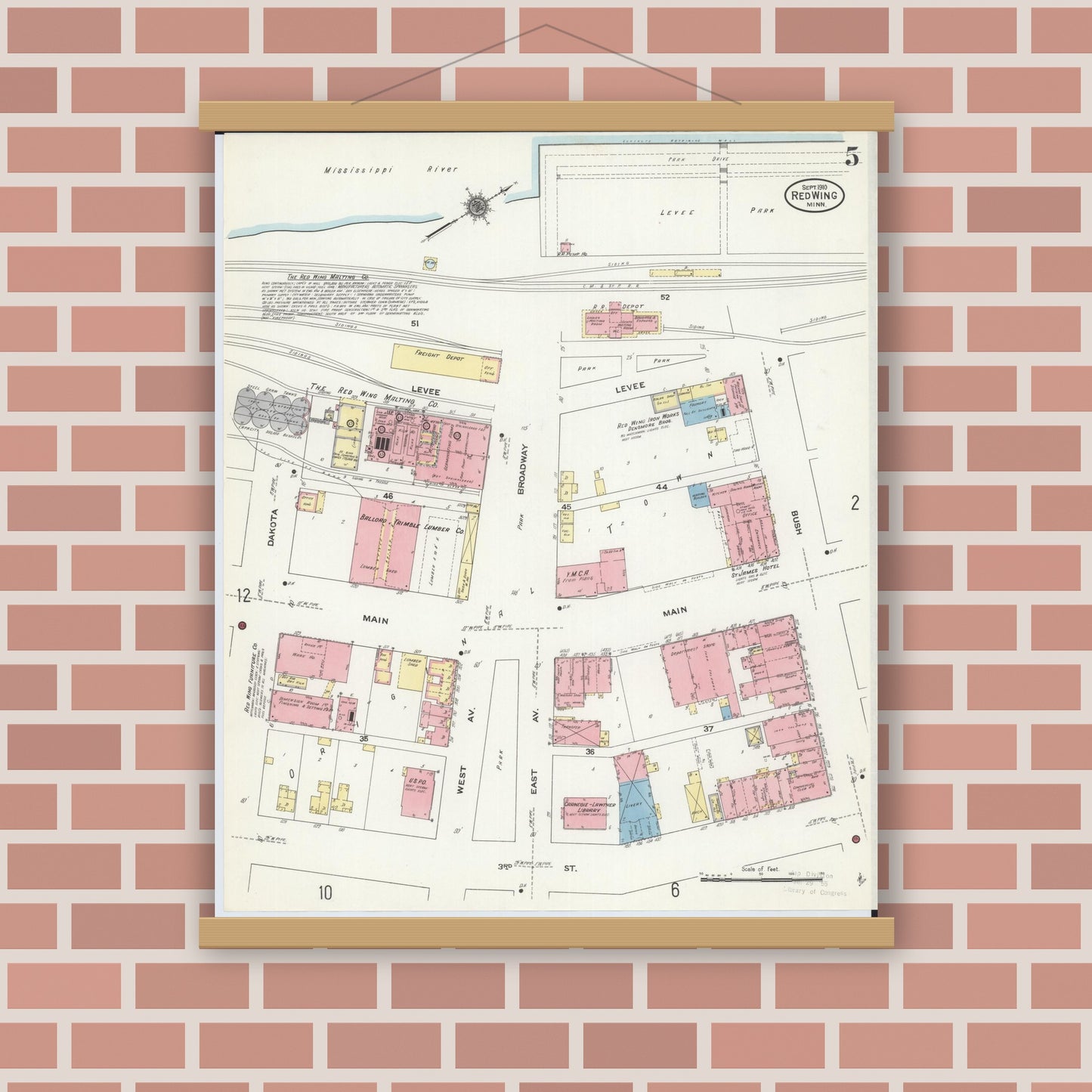 Old map wall art mockup — magnetic wood frame on brick wall — Sanborn Fire Insurance Map from Red Wing, Goodhue County, Minnesota (1910), Sheet #0005
