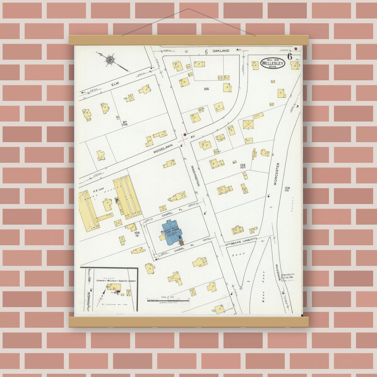 Old map wall art mockup — magnetic wood frame on brick wall — Sanborn Fire Insurance Map from Wellesley, Norfolk County, Massachusetts (1919), Sheet #0006