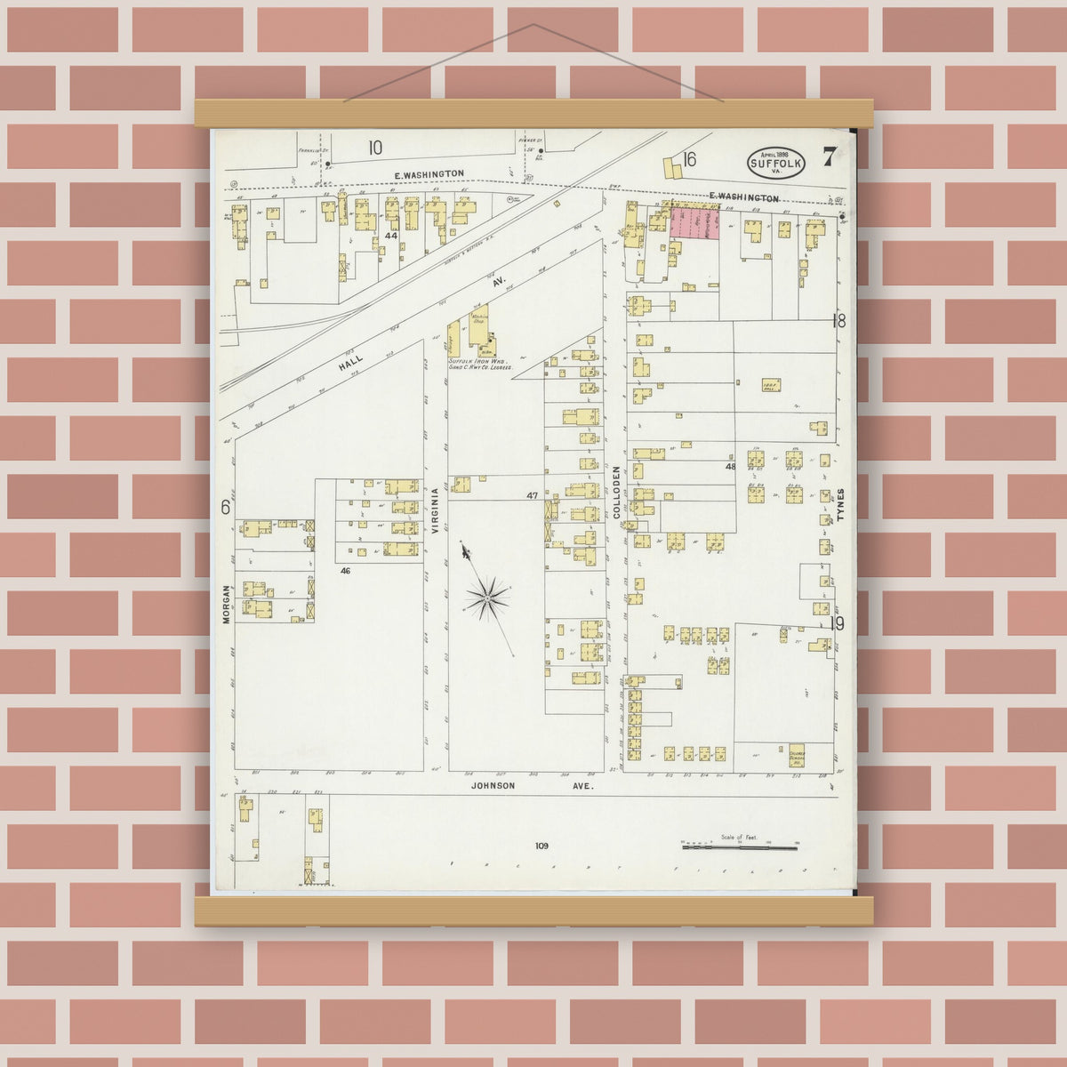 Old map wall art mockup — magnetic wood frame on brick wall — Sanborn Fire Insurance Map from Suffolk, Independent Cities, Virginia (1898), Sheet #0007