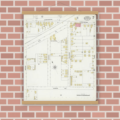 Old map wall art mockup — magnetic wood frame on brick wall — Sanborn Fire Insurance Map from Suffolk, Independent Cities, Virginia (1898), Sheet #0007