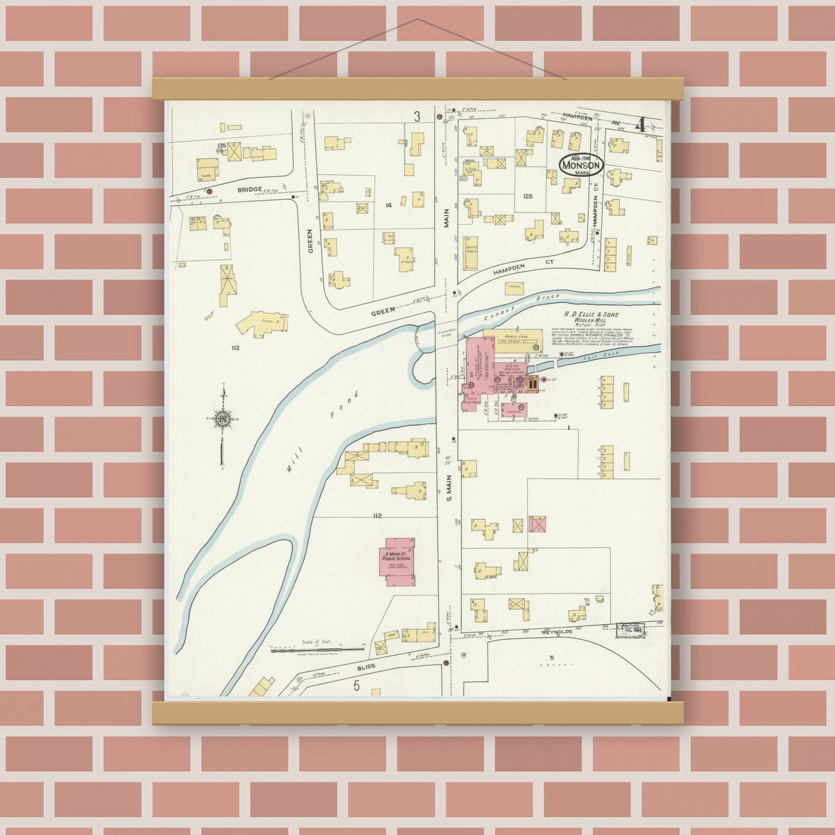 Old map wall art mockup — magnetic wood frame on brick wall — Sanborn Fire Insurance Map from Monson, Hampden County, Massachusetts (1918), Sheet #0004