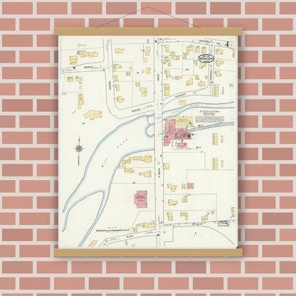 Old map wall art mockup — magnetic wood frame on brick wall — Sanborn Fire Insurance Map from Monson, Hampden County, Massachusetts (1918), Sheet #0004