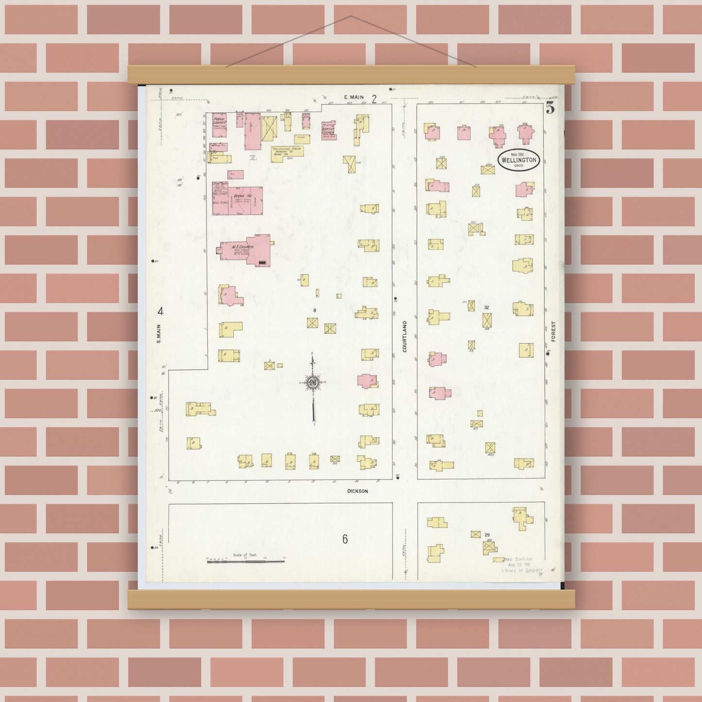 Old map wall art mockup — magnetic wood frame on brick wall — Sanborn Fire Insurance Map from Wellington, Lorain County, Ohio (1911), Sheet #0005