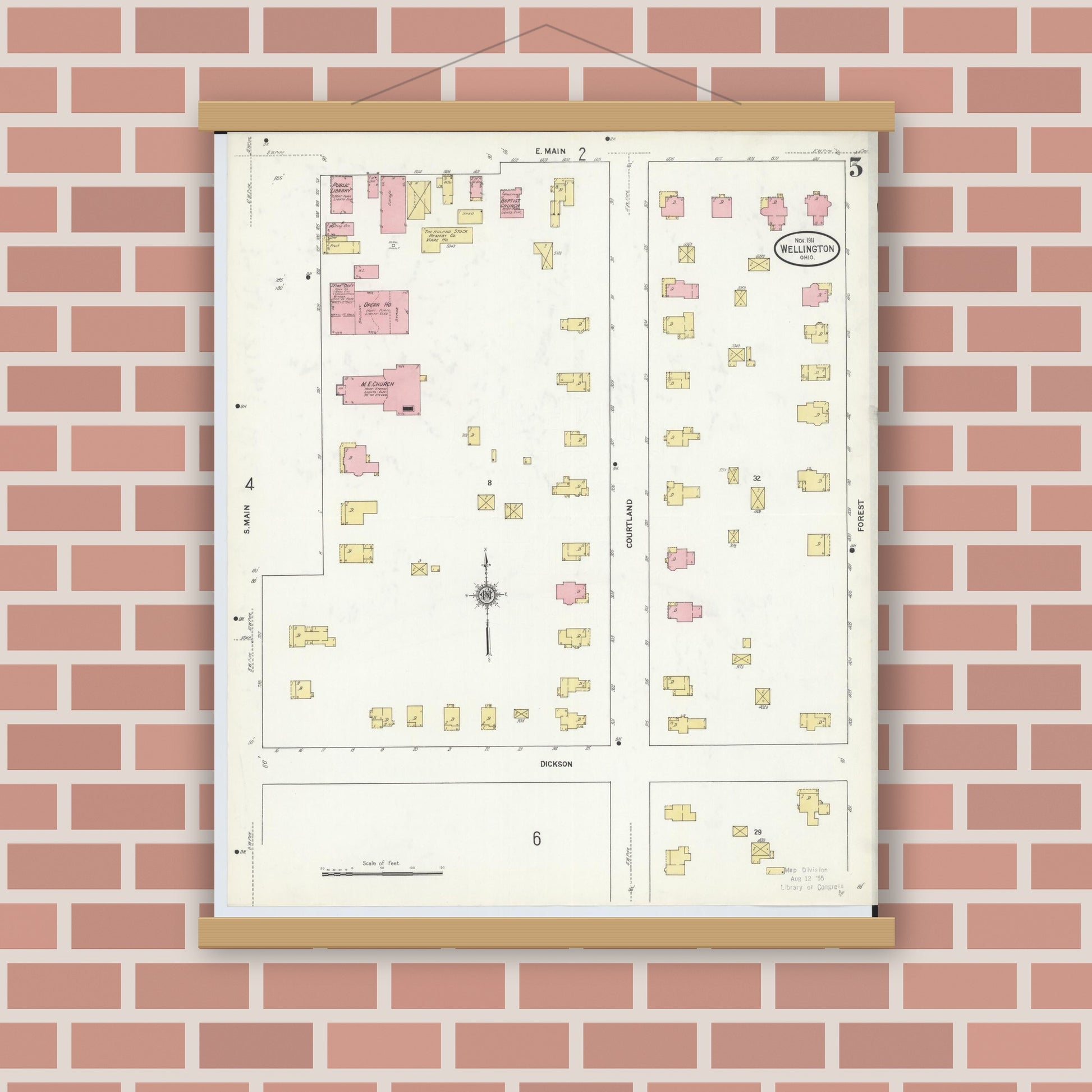 Old map wall art mockup — magnetic wood frame on brick wall — Sanborn Fire Insurance Map from Wellington, Lorain County, Ohio (1911), Sheet #0005