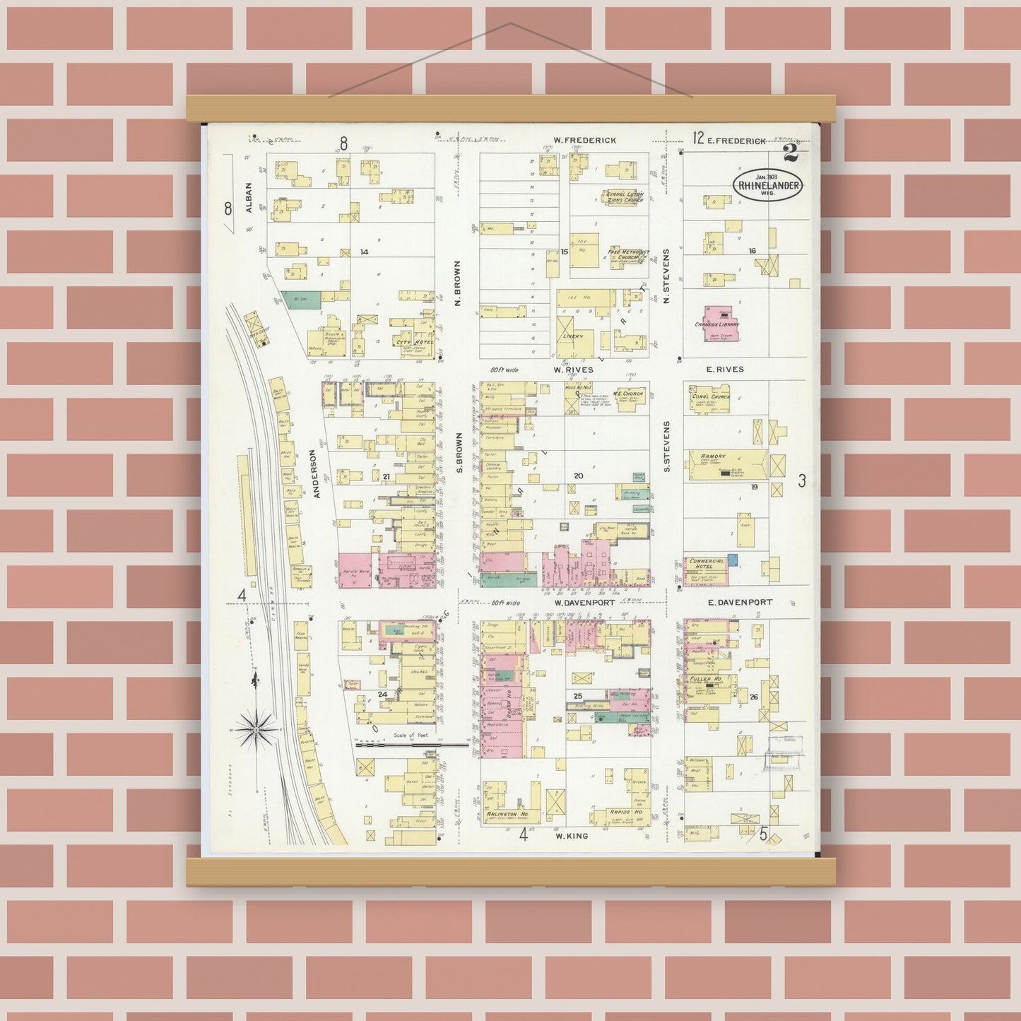 Old map wall art mockup — magnetic wood frame on brick wall — Sanborn Fire Insurance Map from Rhinelander, Oneida County, Wisconsin (1908), Sheet #0002