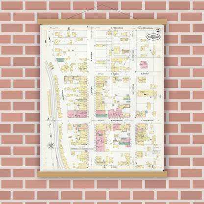Old map wall art mockup — magnetic wood frame on brick wall — Sanborn Fire Insurance Map from Rhinelander, Oneida County, Wisconsin (1908), Sheet #0002