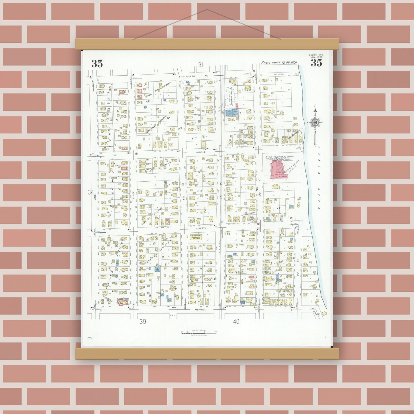 Old map wall art mockup — magnetic wood frame on brick wall — Sanborn Fire Insurance Map from Beloit, Rock County, Wisconsin (1939), Sheet #0035