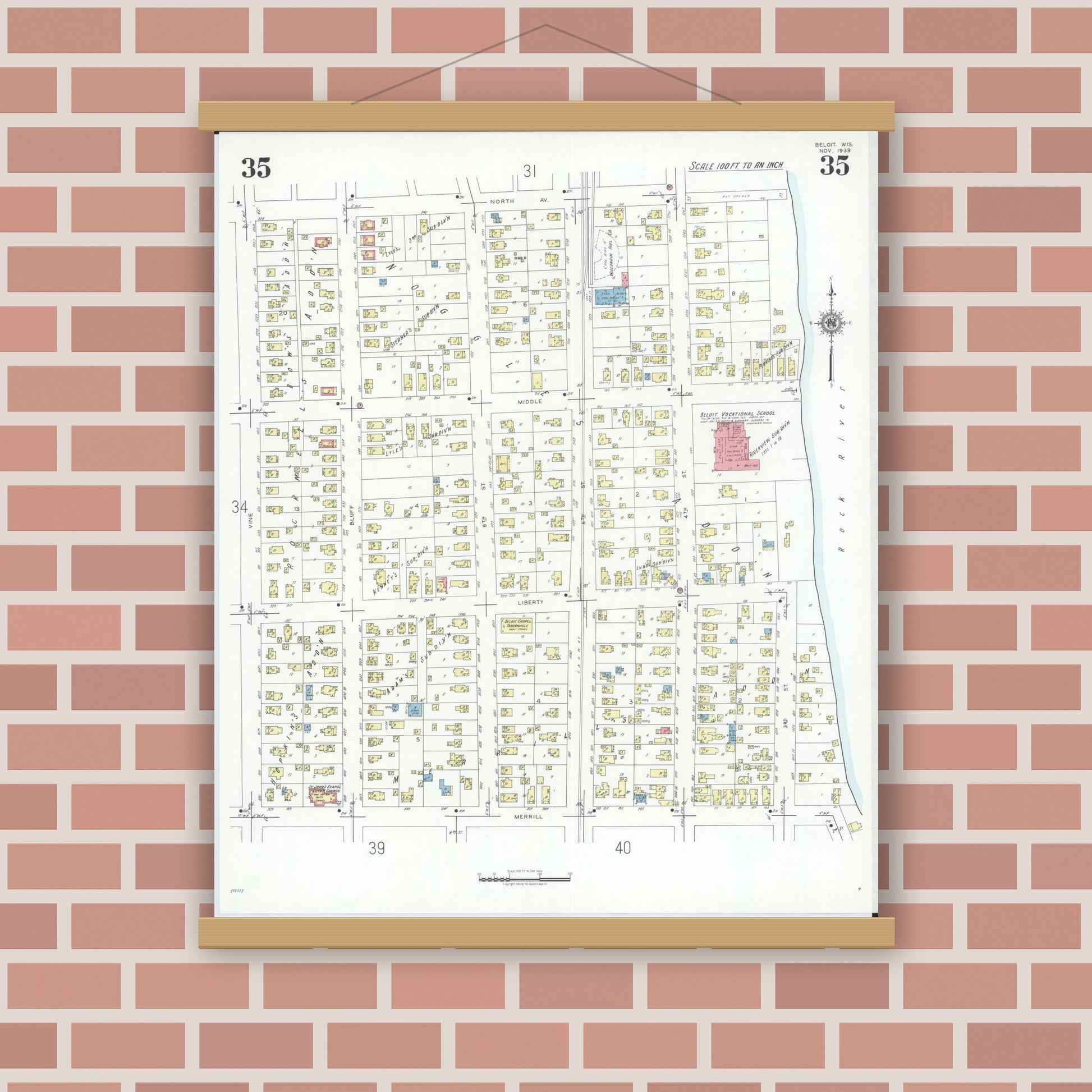 Old map wall art mockup — magnetic wood frame on brick wall — Sanborn Fire Insurance Map from Beloit, Rock County, Wisconsin (1939), Sheet #0035