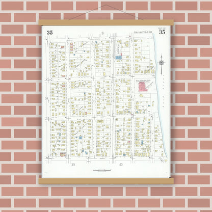 Old map wall art mockup — magnetic wood frame on brick wall — Sanborn Fire Insurance Map from Beloit, Rock County, Wisconsin (1939), Sheet #0035