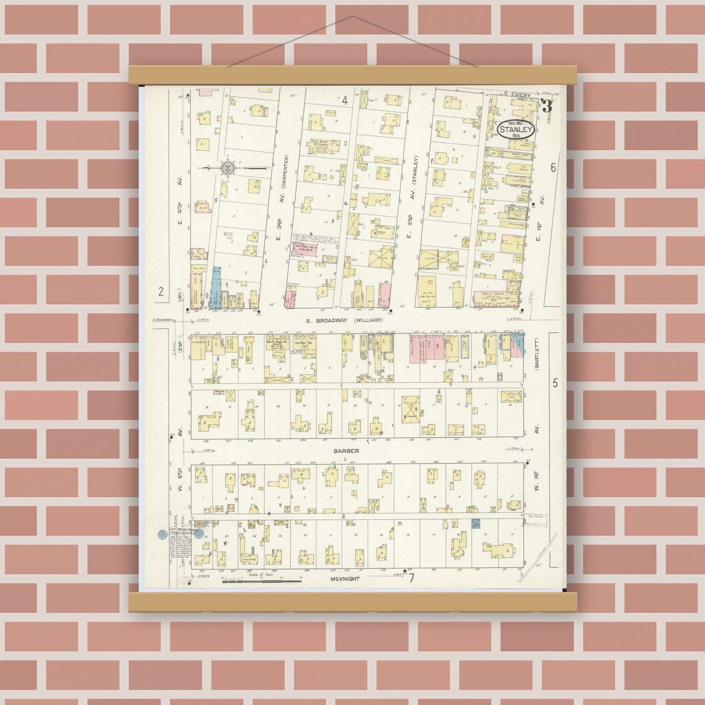 Old map wall art mockup — magnetic wood frame on brick wall — Sanborn Fire Insurance Map from Stanley, Chippewa County, Wisconsin (1912), Sheet #0003