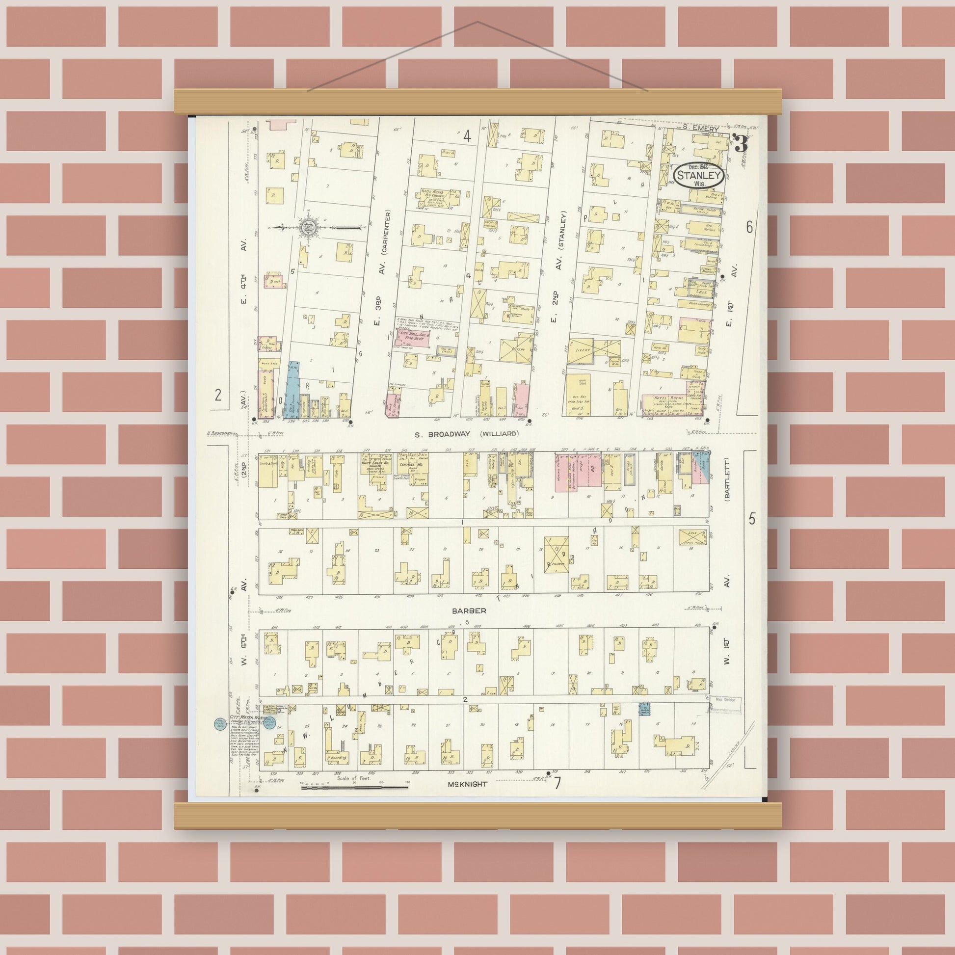 Old map wall art mockup — magnetic wood frame on brick wall — Sanborn Fire Insurance Map from Stanley, Chippewa County, Wisconsin (1912), Sheet #0003