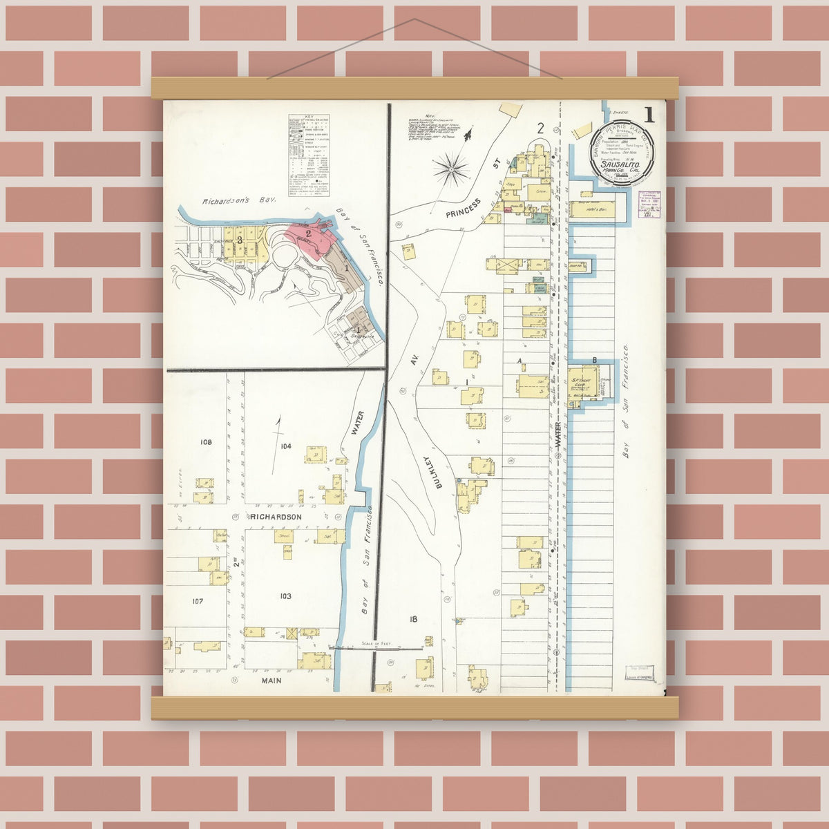 Old map wall art mockup — magnetic wood frame on brick wall — Sanborn Fire Insurance Map from Sausalito, Marin County, California (1901) - Complete Map Set