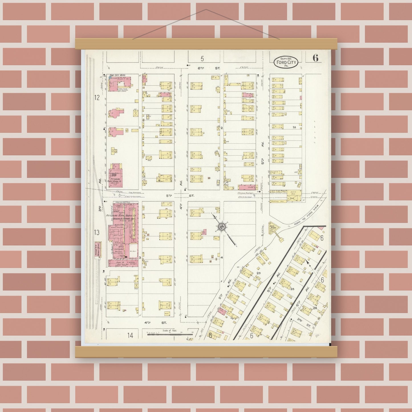 Old map wall art mockup — magnetic wood frame on brick wall — Sanborn Fire Insurance Map from Ford City, Armstrong County, Pennsylvania (1913), Sheet #0006