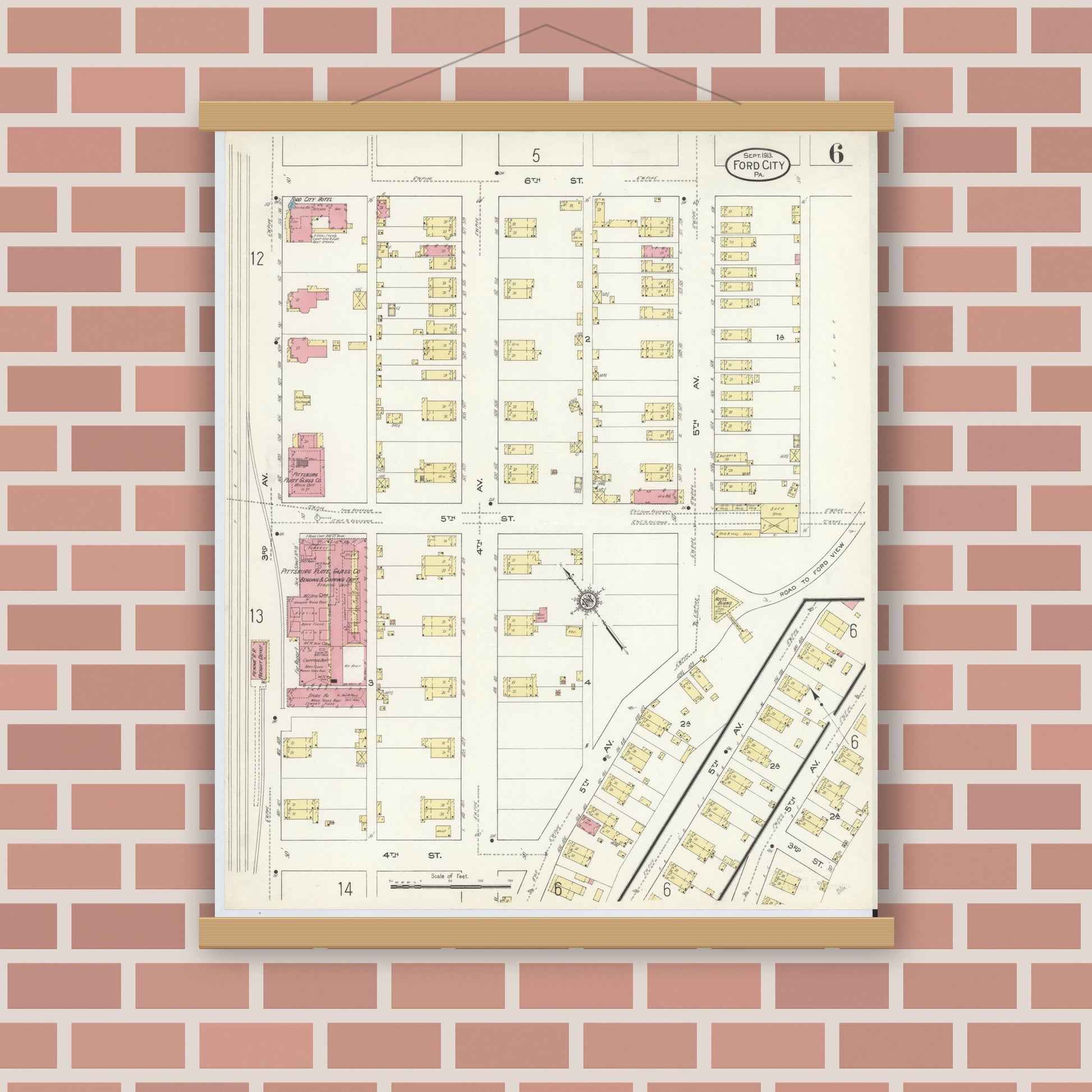 Old map wall art mockup — magnetic wood frame on brick wall — Sanborn Fire Insurance Map from Ford City, Armstrong County, Pennsylvania (1913), Sheet #0006